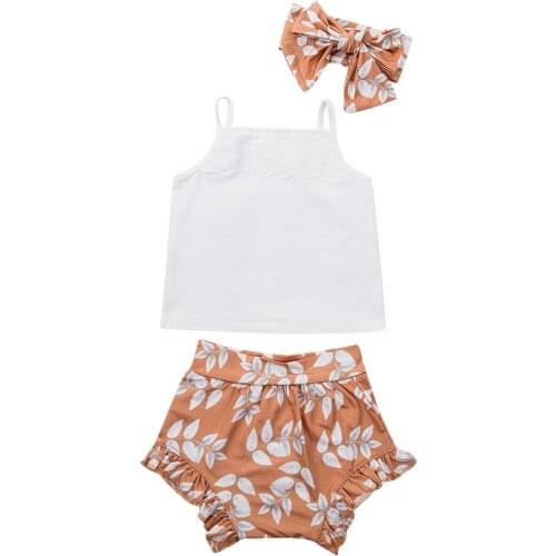 Newborn Baby Infant Toddler Girls Clothes Set Lace Sling Tops Floral Short Headband 3pcs Outfits Sets Baby Casual Clothes 0-24M