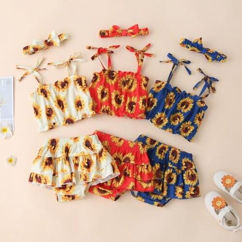 2021-01-04 Lioraitiin 3Pcs 0-24M Infant Baby Girls Clothes Set Floral Printed Pattern Suspender Tops Headdress Summer Clothing