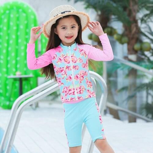 Girl Two Pieces Swimsuit Toddler Baby Long Sleeve Sunproof Beach Swimwear Children Sunblock Tops And Short Pants Kids Swimsuits