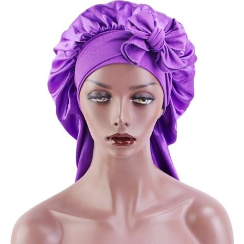 Fashion Long Satin Bonnet Sleep Cap With Bowknot Hair Band Night Cap Hair Care Bonnet Cylindrical Nightcap For Women Chemo Caps