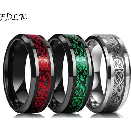 FDLK 8mm Mens Stainless Steel Dragon Ring Inlay Red Green Black Carbon Fiber Ring Wedding Band Jewelry for Man Size 6-13