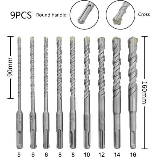 9pcs Electric Hammer SDS Plus Drill Bit Set 160mm for Concrete Wall Brick Block Masonry Hole Saw Drilling Bits 5 6 8 10 12 14 mm