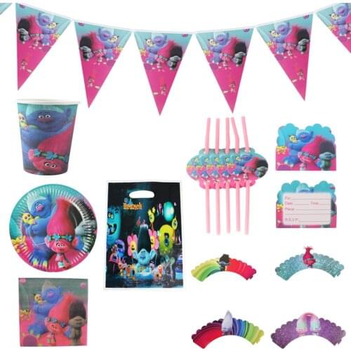 Cartoon Trolls Kids Birthday Party Disposable Tableware Set Cake Wrapper Decoration Favor