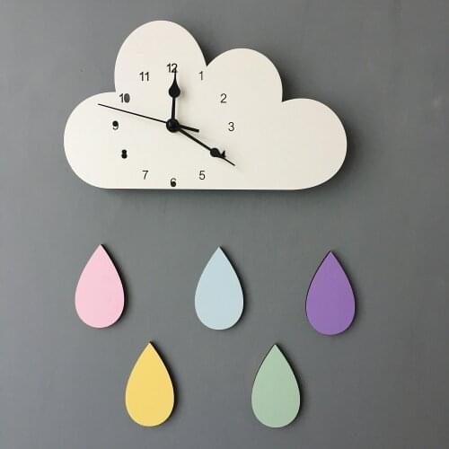Nordic Wall Clock Cute Cloud With Rainbow Rain Shape Baby Room Kids Girls Wood Mute Timepiece Watch Bedroom
