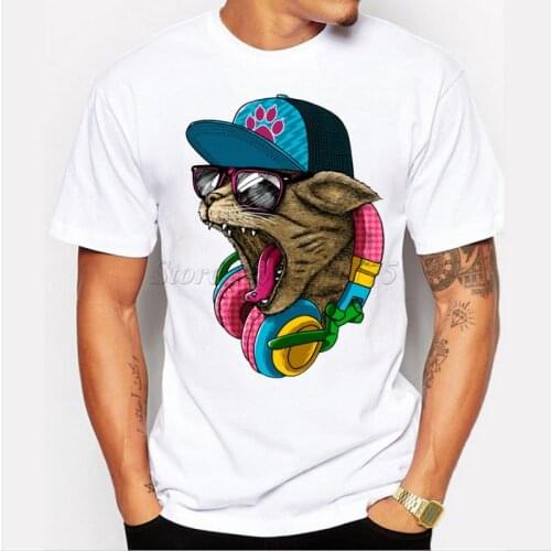 2019 New Arrival Mens Fashion Crazy DJ Cat Design T shirt Cool Tops Short Sleeve Hipster Tees