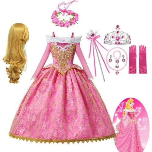 Aurora Dress Sleeping Beauty Halloween Girls Princess Embroidery Sleeping Beauty Party Gown Children Fancy Dresses Up Frocks