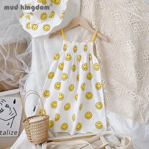 Mudkingdom Little Girls Sleeveless Dress Smiley Print Square Collar Elastic Girl Clothes Princess Dresses Toddler Summer Clothes