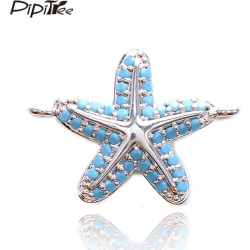Pipitree Trendy Blue Zircon Starfish Charms fit Bracelet Pedant Connector White Gold Color DIY Star Charms for Jewelry Making
