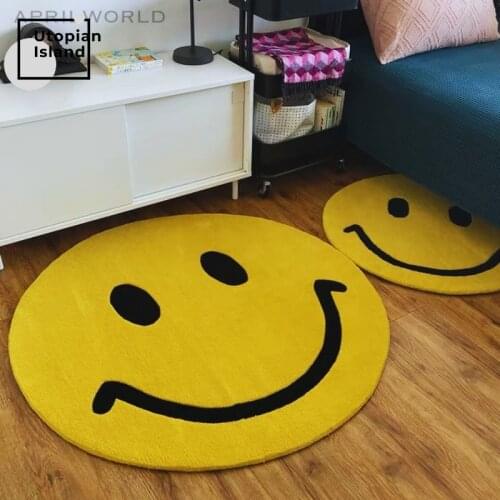 Fluffy Carpet Modern Living Room Yellow Round Rug Smile Face Furry Mat For Children Kawaii Room Decor Kids Bedroom Carpet Mats