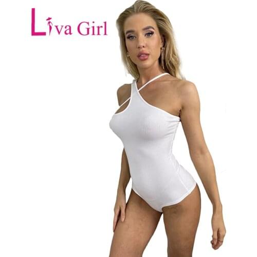 LIVA GIRL Sexy Halter Neck Sleeveless Woman Pit Strip Slim Bodysuit Female Summer Solid Color Bodycon Jumpsuit Asymmetrical Tops