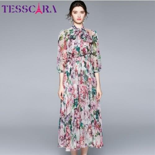 TESSCARA Women Summer Elegant Floral Dress Festa High Quality Long Vinatge Party Robe Femme Bow Designer A-Line Chiffon Vestidos