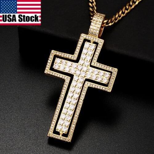 Rotating Double-Sided Cubic Zirconia Cross Pendant Necklace Gold Color Copper Micro Pave With Pendants Chain Men Hip Hop Jewelry
