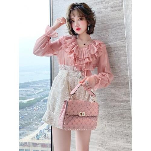 Top Quality V-neck Patchwork Ruffle flared sleeve solid color simple shirt