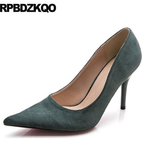 Suede 2017 Size 33 Pumps Thin High Heels Pointed Toe Office European Stiletto 3 Inch Women 4 34 Green Spring Fashion Chinese