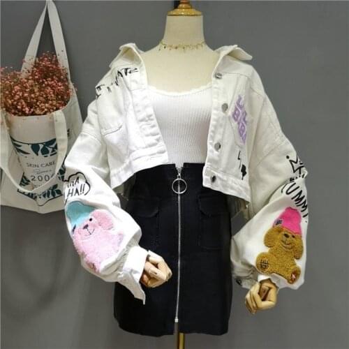 White Jean Jacket Women Cartoon Bear Sequins Short Coat Loose Fashion Female Letter Print Street Casual Denim Jacket Autumn 2021
