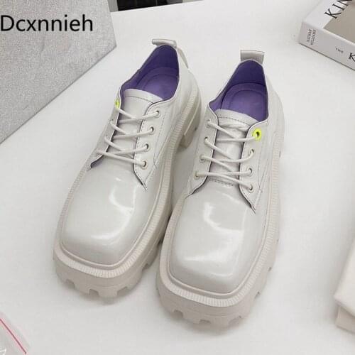 New Square head Genuine Leather Lace-up shose women summer white shoes shoes for women platform sneakers shoes woman 2021
