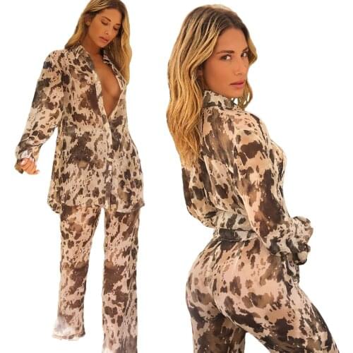 2021 Spring New Arrivals Women Casual Pants Two Piece Sets Fashion Turn-down Collar Shirt + High Waist Loose Trousers Outfits