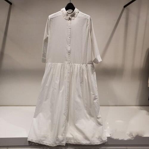 Lace Trim Turn-Down Collar Womens Midi Dress Ladies Single-Breasted Loose Straight Long Dresses Robes 2021 New