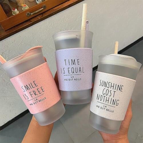 400ml Simple Fashion Water Cup With Spoon and Lid Coffee Milk Cup Cute Double Layer Anti Scalding Glass Frosted Cups for Girls