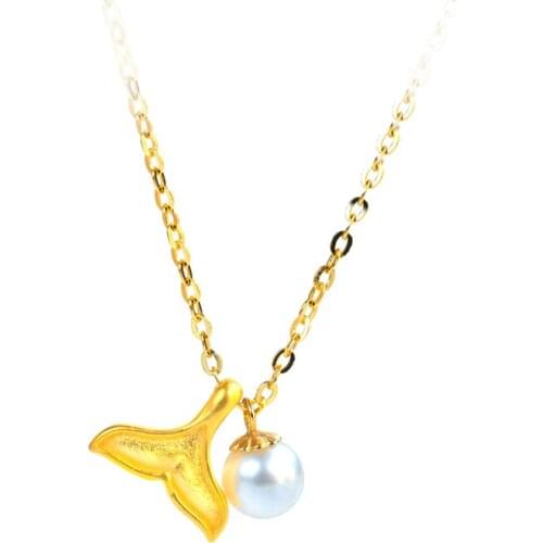ZHIXI Real 24K 999 Gold Fine Jewelry Necklace Fish Tail and Natural Pearl Pendant Pure 18K Chain Wedding Gift for Women D570