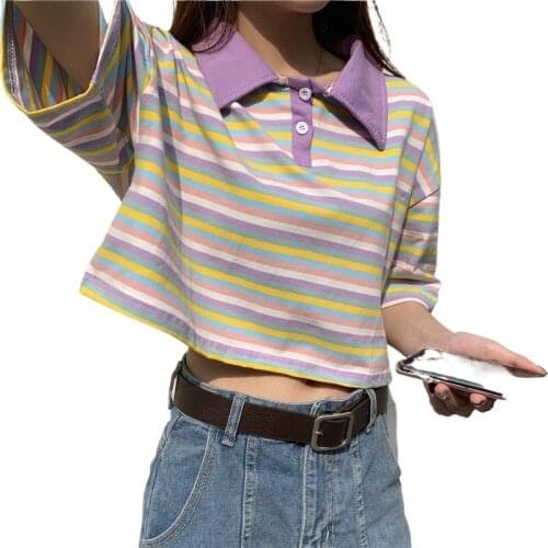Cotton Girl Polo Shirt Lapel Striped Short-sleeved T-shirt Womens Summer New Loose Short Top