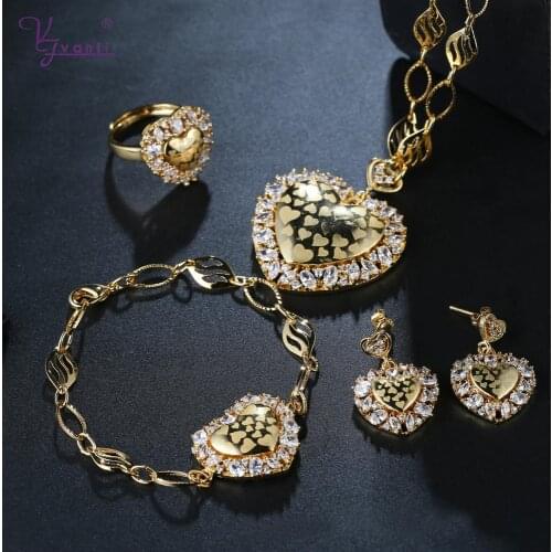 Kfvanfi Heart Earrings Necklace Bracelet Ring Set For Women Gold Jewellery Cubic Zircon Jewelry Set For Bridal Wedding Party