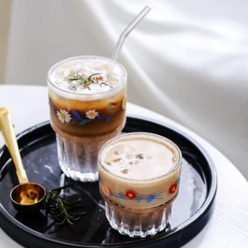 Ice Coffee Cup 301-400ml Flower Korean Sytle Ins Daisy Transparent Glass Fresh Juice Cola Milk Tea Cup Superimposed Water Cup