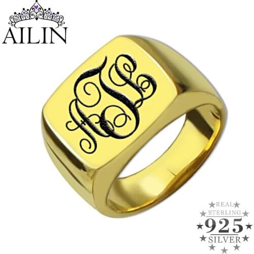 AILIN Silver 925 Custom Ring Men Women 18K Plated Gold Color Initial Letter Engraved Monogram Ring Father Mother Jewelry Gifts