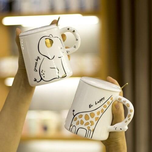Creative 3D giraffe/elephant cute animal with lid spoon ceramic coffee mug couple office home tea cup holiday gift for friends
