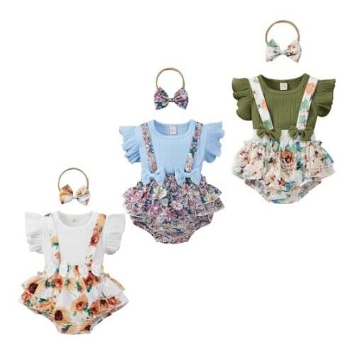 FOCUSNORM 0-18M Lovely Baby Girls Clothes Sets 3pcs Ruffles Short Sleeve T Shirts Flowers Bow Suspender Shorts Headband
