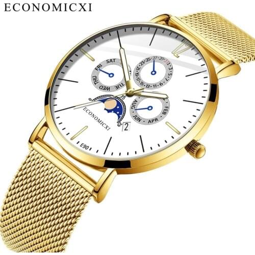 ECONOMICXI Mens Watch Stainless Steel Luminous Small Dial Quartz Wristwatch Men Watch Men Clock relogio masculino 2020 New