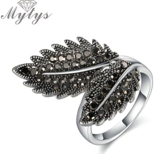 Mytys Retro Black Leaf Shape Rings for Women Unique Design Antique Ring Grey Ring R1848