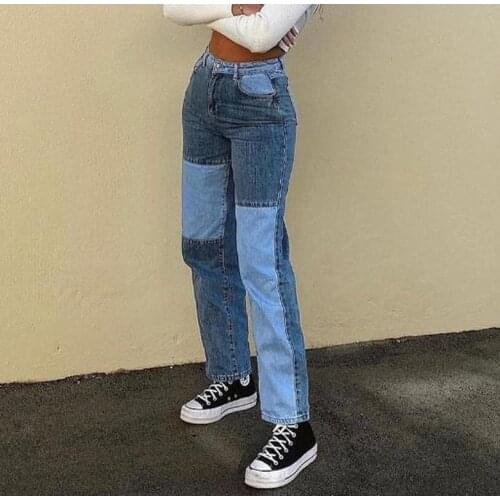 2021 New High Waist Pocket Sexy Color Block High Street Long Gray Denim Trousers Fashion Patchwork Skinny Straight Jeans Women