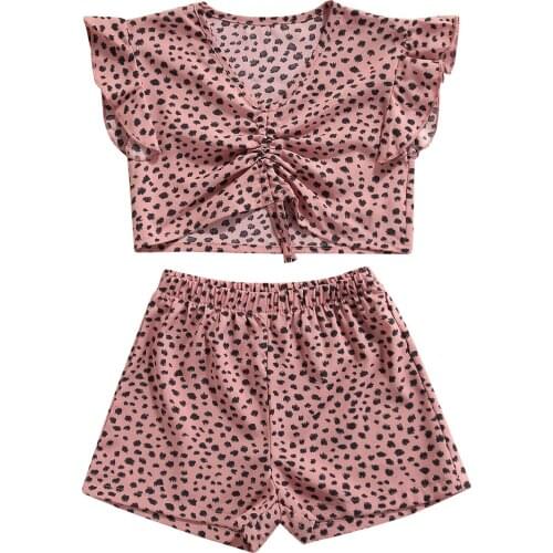 New 2Pcs Kids Summer Outfit Girls Leopard Print V-Neck Ruffled Drawstring Tops + Elastic Waist Shorts Set