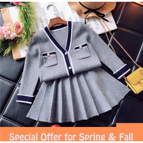 Girls Fall Skirt Suit 2018 Spring Kids Cute Knitted Tops & Pleated Skirts 2 Pcs Set Children Spring Fashion Preppy Clothes B27
