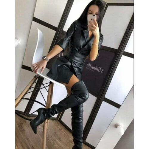 Dresses For Women Autumn 2020 Undefined Belt Long Sleeve Waist Leather Dress Sexy Christmas Party Dress