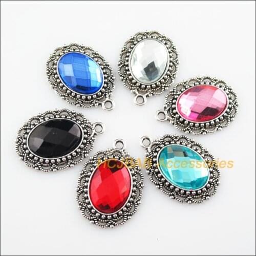 6Pcs Tibetan Silver Tone Flower Oval Mixed Crystal Charms Pendants 22x31.5mm