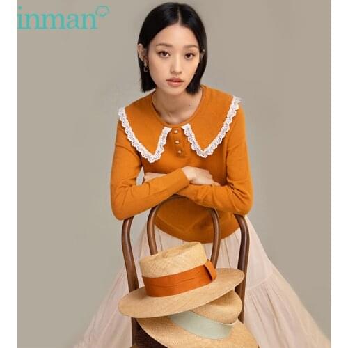INMAN Autumn Womens Swaeter Retro Literary Embroidered Splicing Lapel Decorative Buttons Pullover Pastoral Elegant Womens Top