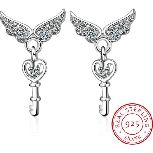 925 Sterling Silver Angel Wings CZ Heart Key Stud Earrings For Women Girls Jewelry Orecchini Aros Aretes oorbellen