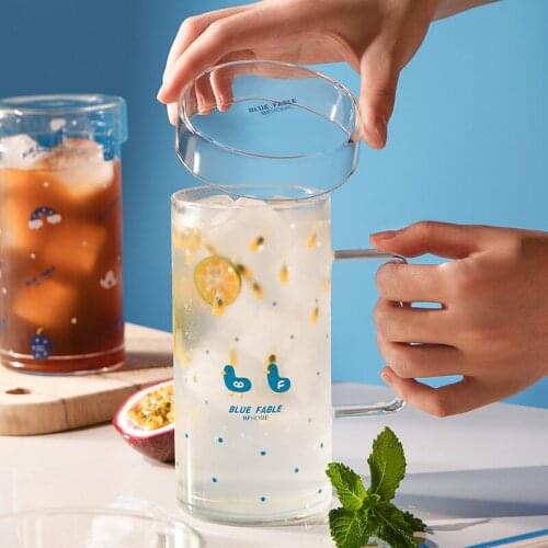 Original Super Large Capacity Glass Cute Printed Duck with Handle Convenient Household Glass Cold Drink Juice Milk Cup