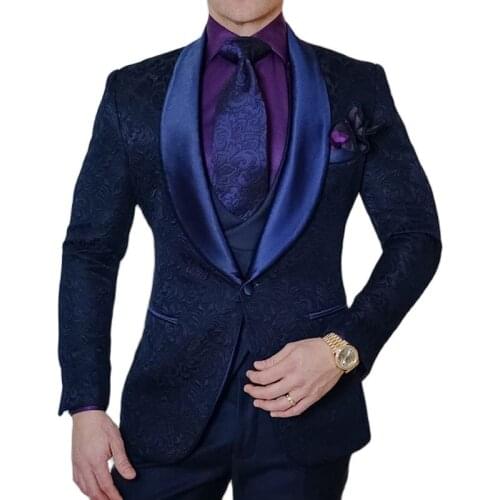 Floral Wedding Suits for Men Slim Fit 3 Piece Navy Blue Groom Tuxedo Male Fashion Jacket Vest with Pants 2021