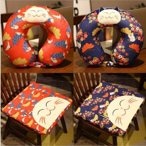 Lucky Cat U-shaped Pillow Cushion Airplane Chinese Style Printed Memory Foam Nap Pillow Car Neck Pillow