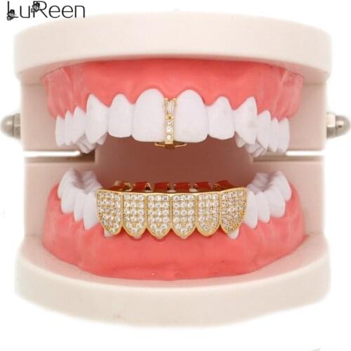 LuReen Unique Iced Out Teeth Grillz Top Bottom Gold Silver Color CZ Dental Grills Tooth Caps Rapper Mouth Hip Hop Jewelry Gift