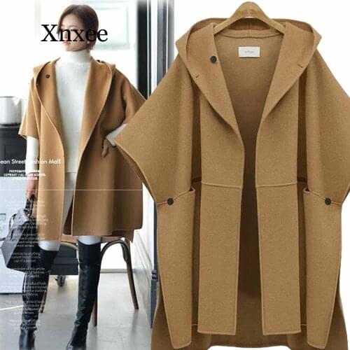 Elegant Winter Woolen Cape Coat Womens Bat Sleeve Wool Jackets Casual Split Streetwear Hooded Luxury Overcoat Plus Size 5XL