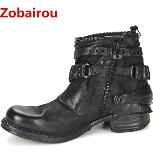 Zobairou Western Design Zapatos Mujer Biker Boots Genuine Leather Round Toe Cowboy Boots Shoes Women Rain Boots