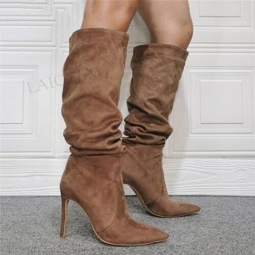 DOBANER Women Knee High Boots Slip On Thin Heels Faux Suede Boots Party Dress Stivali Donna Shoes Woman Big Size 40 43 44 47