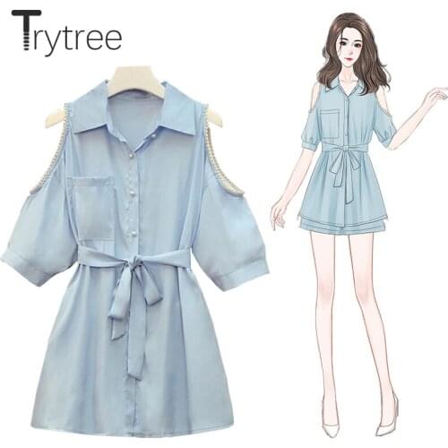 Trytree Summer Women Two Piece Set Casual Pearls Hollow Out Sleeves Belt Blouse + Wide Leg Shorts Solid Office Lady 2 Piece Suit