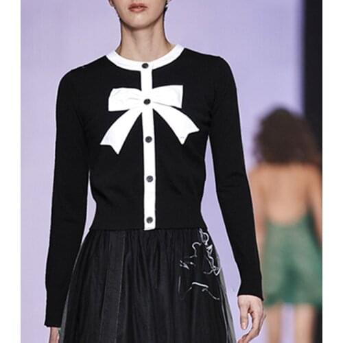 2021 Spring New Cardigan Sweater Women Shirt Collar Black and White Contrast Color Bow Knit Cardigan Sweet Cardigan Women Tops