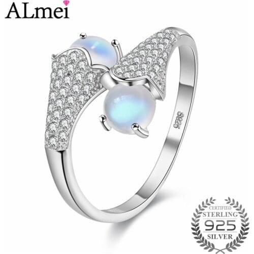 0.6ct Double Ball Moonstone Wedding Bridal Rings 925 Sterling Silver Unique Adjustable Jewelry for Women with Box CJ027