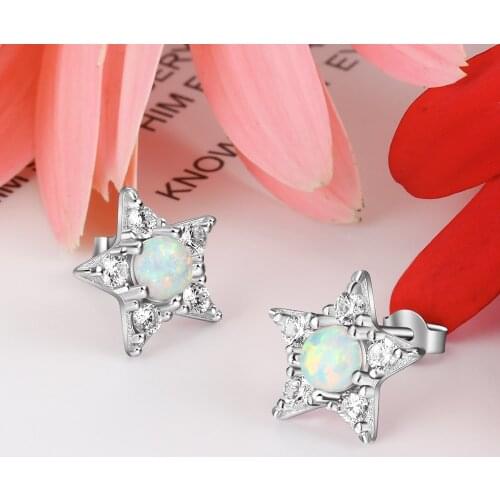 925 Sterling Silver Star Stud Earrings with Cubic Zirconia Fashion White Opal Earrings for Women